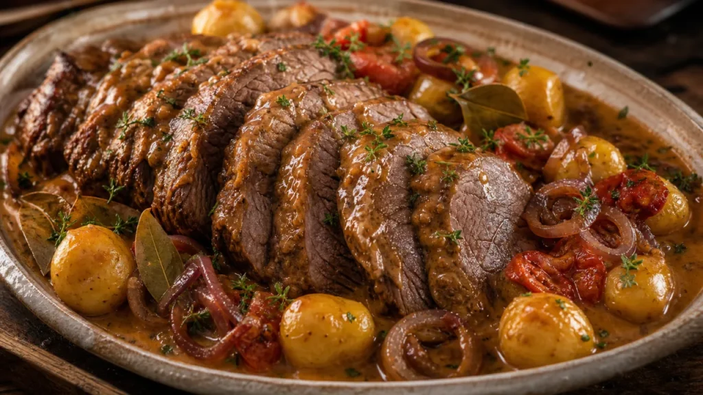 Lagarto na pressão com molho especial, carne fatiada macia, batatas, cebola e molho cremoso sobre travessa rústica