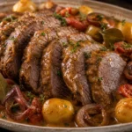 Lagarto na pressão com molho especial, carne fatiada macia, batatas, cebola e molho cremoso sobre travessa rústica