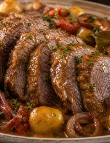 Lagarto na pressão com molho especial, carne fatiada macia, batatas, cebola e molho cremoso sobre travessa rústica
