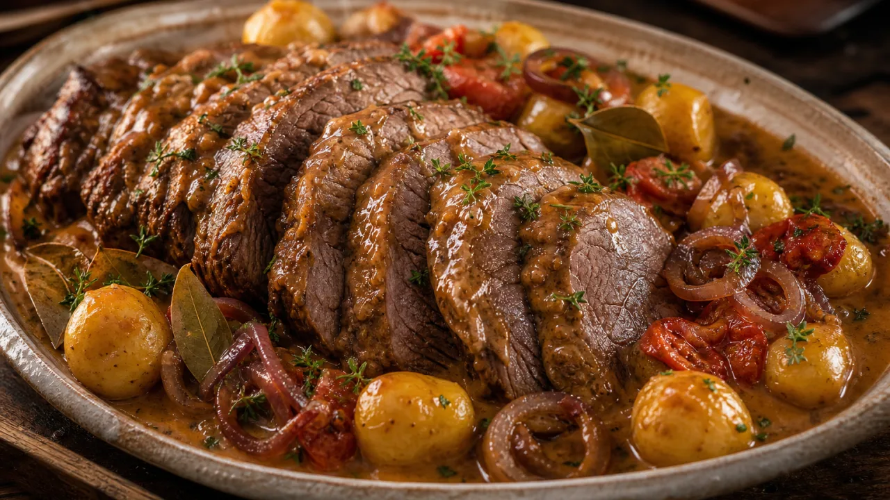 Lagarto na pressão com molho especial, carne fatiada macia, batatas, cebola e molho cremoso sobre travessa rústica