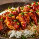 Lagostim doce e picante com arroz basmati, molho brilhante e cebolinha fresca