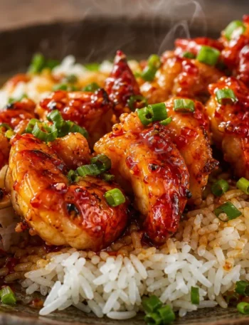 Lagostim doce e picante com arroz basmati, molho brilhante e cebolinha fresca