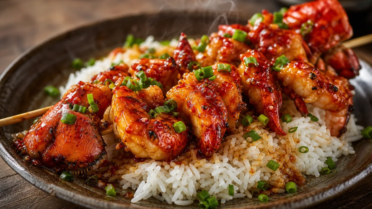 Lagostim doce e picante com arroz basmati, molho brilhante e cebolinha fresca