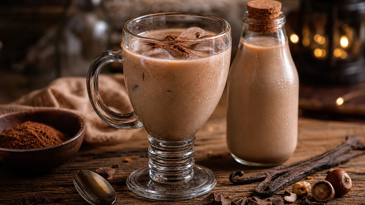 Licor caseiro cremoso de Amarula em taça, com textura aveludada e tons de chocolate