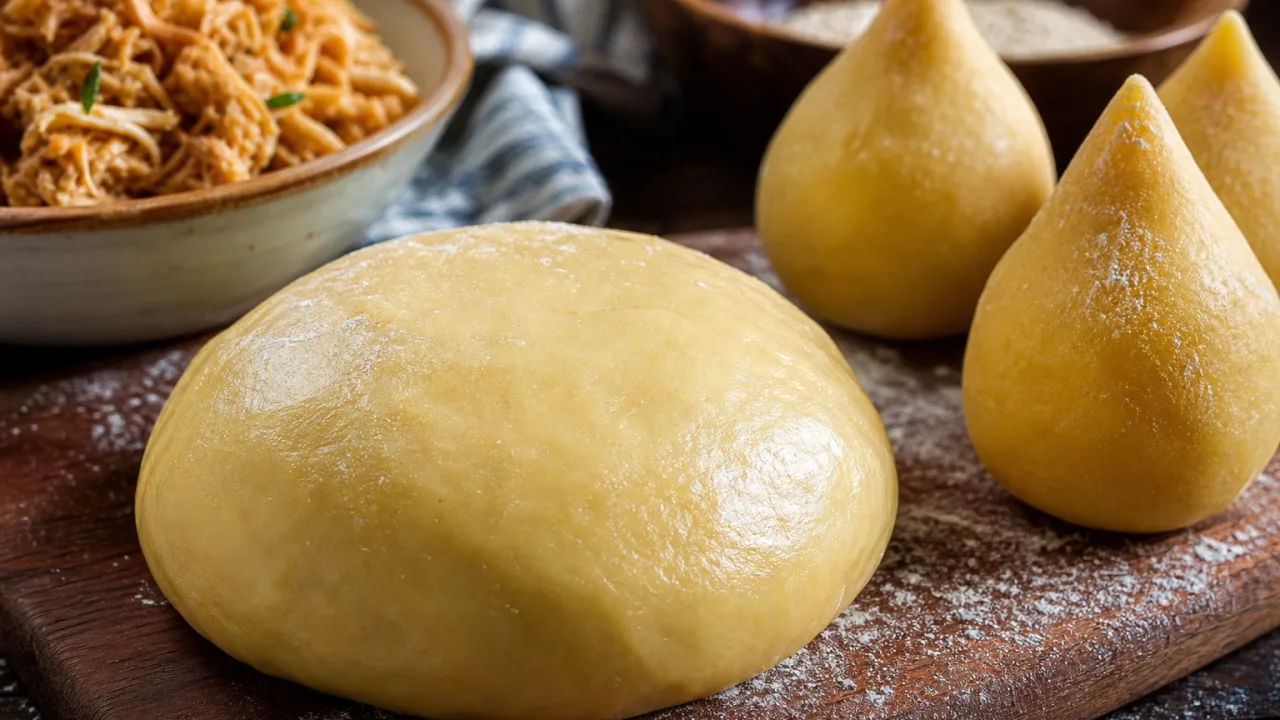 Massa de coxinha fácil e perfeita, lisa e macia, com coxinhas modeladas sobre mesa de madeira