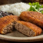Milanesa de carne moída crocante e suculenta com arroz, feijão e salada em prato rústico