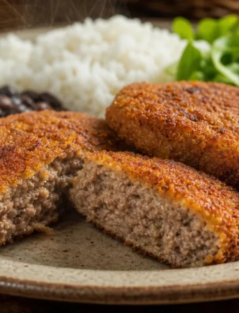 Milanesa de carne moída crocante e suculenta com arroz, feijão e salada em prato rústico