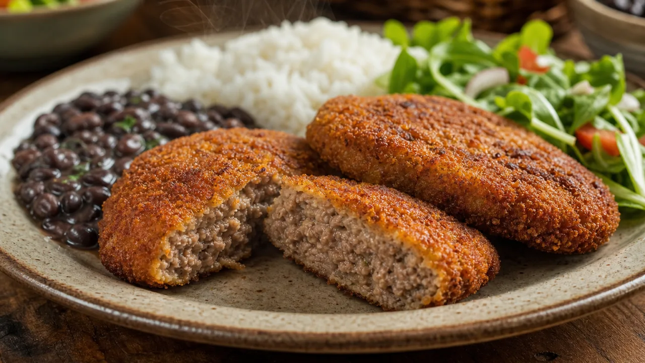 Milanesa de carne moída crocante e suculenta com arroz, feijão e salada em prato rústico