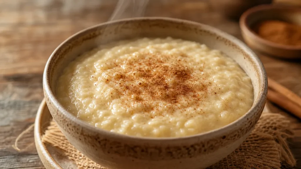 Mingau de trigo cremoso com canela em tigela rústica sobre mesa de madeira