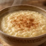 Mingau de trigo cremoso com canela em tigela rústica sobre mesa de madeira