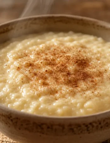 Mingau de trigo cremoso com canela em tigela rústica sobre mesa de madeira