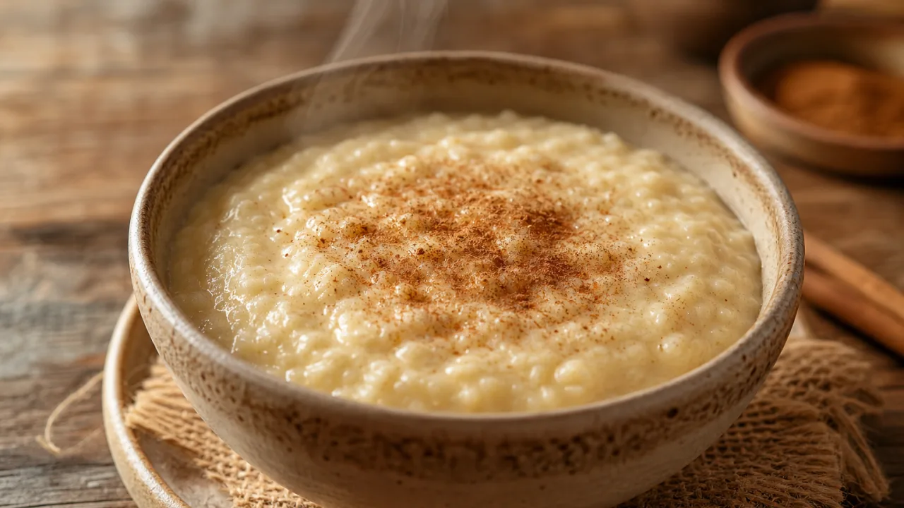 Mingau de trigo cremoso com canela em tigela rústica sobre mesa de madeira