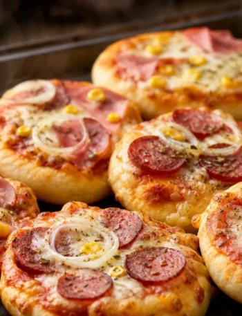 Mini pizza caseira com massa fofinha, molho de tomate, queijo derretido, presunto, calabresa, milho e cebola