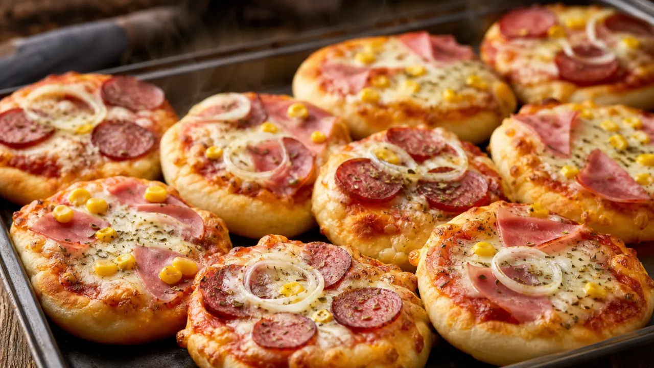Mini pizza caseira com massa fofinha, molho de tomate, queijo derretido, presunto, calabresa, milho e cebola