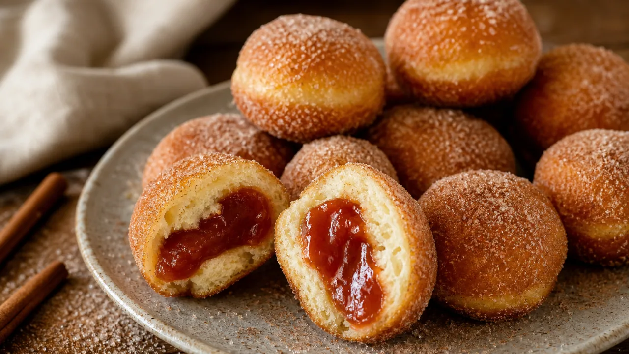 Mini sonho de padaria recheado com goiabada, dourado, fofinho e polvilhado com açúcar e canela