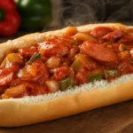 Molho de cachorro-quente cremoso com salsicha, tomate, cebola e pimentão verde no pão