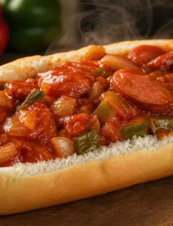 Molho de cachorro-quente cremoso com salsicha, tomate, cebola e pimentão verde no pão