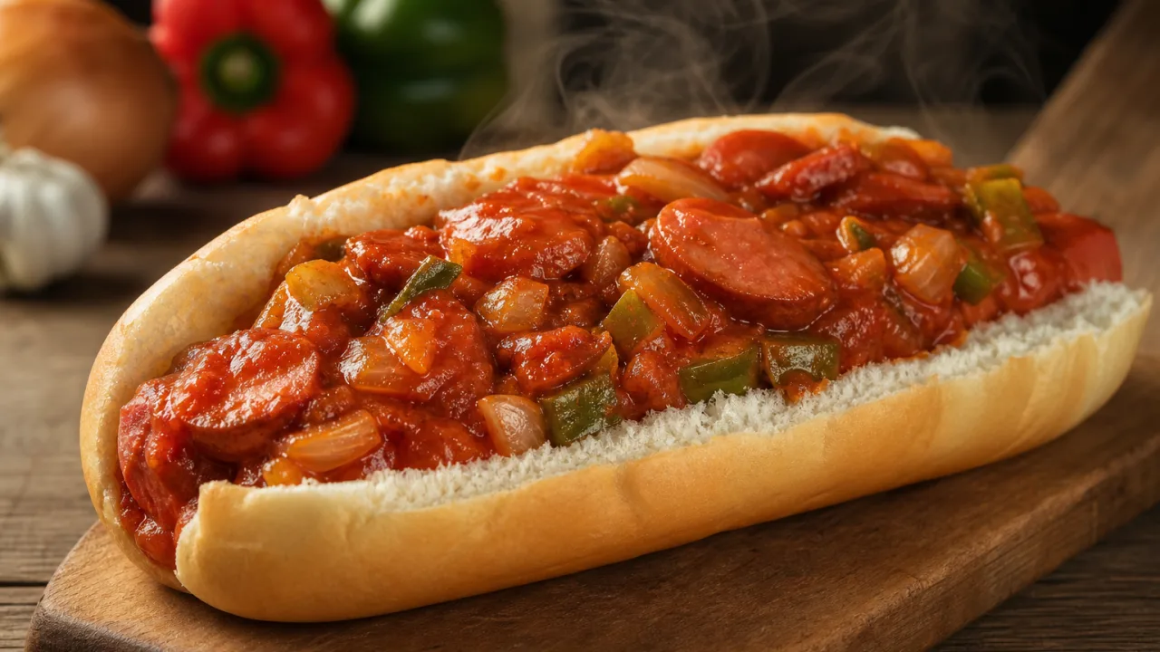 Molho de cachorro-quente cremoso com salsicha, tomate, cebola e pimentão verde no pão