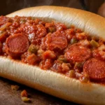 Molho de cachorro-quente encorpado com salsicha e tomate sobre pão macio em mesa de madeira.