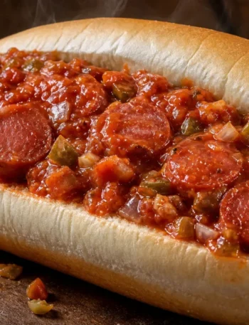 Molho de cachorro-quente encorpado com salsicha e tomate sobre pão macio em mesa de madeira.