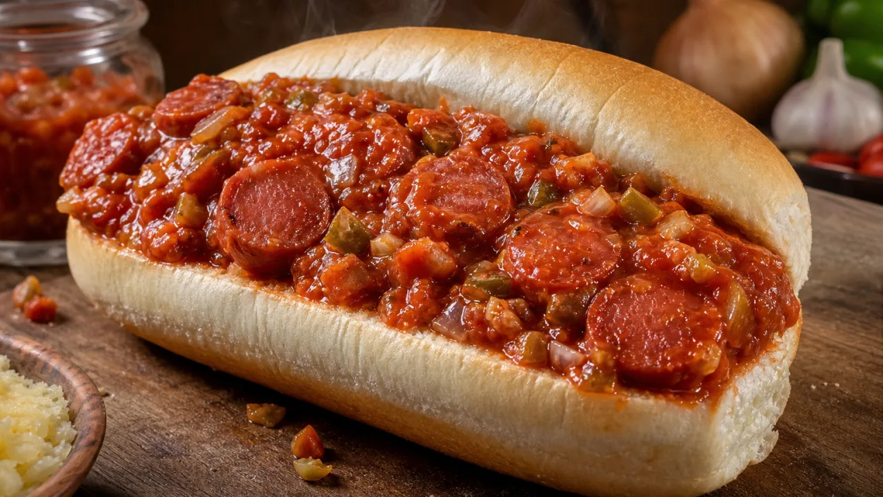 Molho de cachorro-quente encorpado com salsicha e tomate sobre pão macio em mesa de madeira.