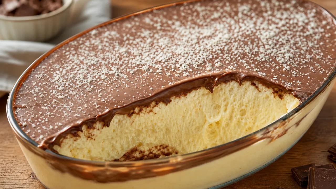 Mousse de Leite Ninho trufado cremoso com cobertura brilhante de chocolate em travessa rústica