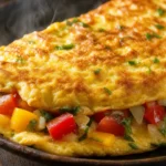 Omelete completa e fofinha com tomate, pimentão amarelo, cebola e cheiro-verde sobre mesa rústica