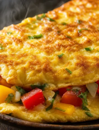 Omelete completa e fofinha com tomate, pimentão amarelo, cebola e cheiro-verde sobre mesa rústica