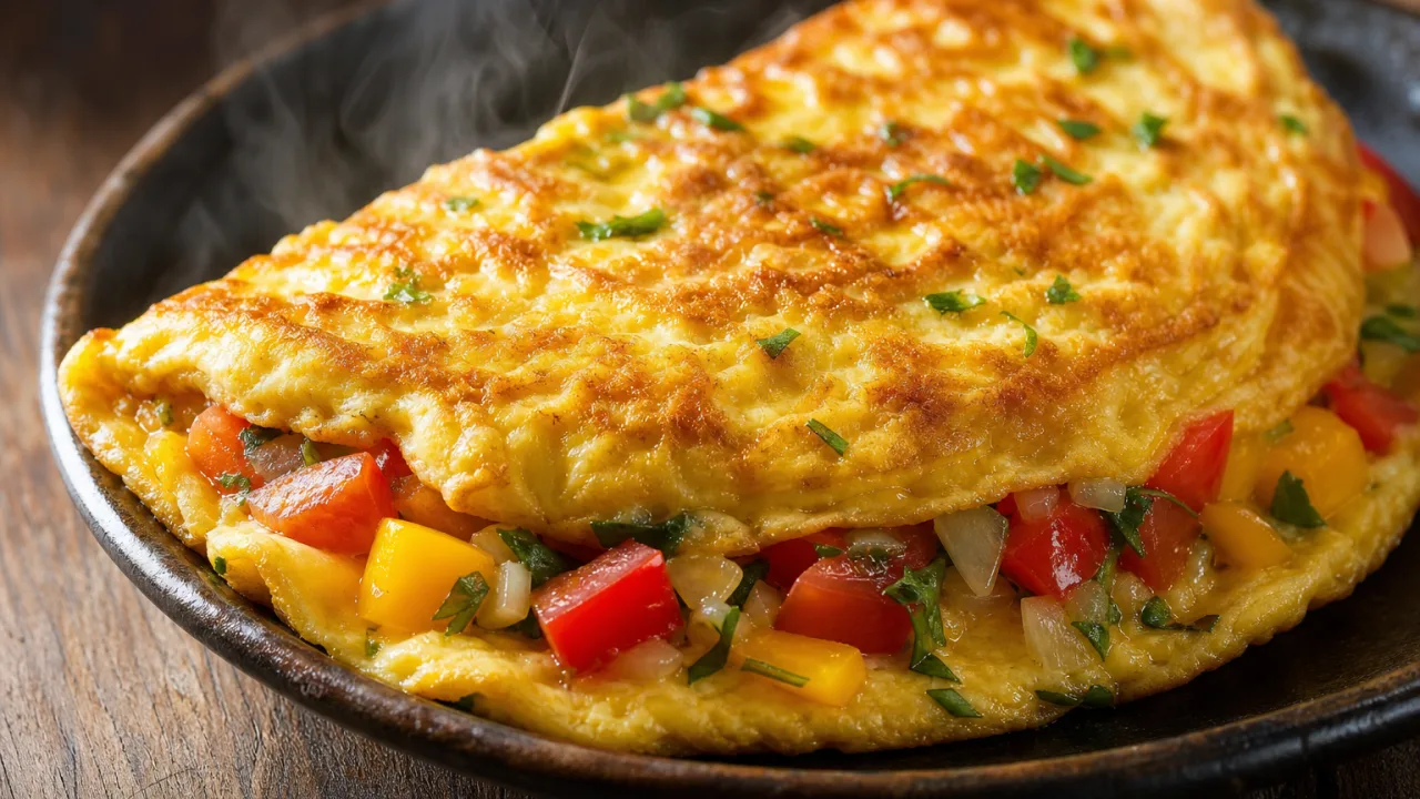 Omelete completa e fofinha com tomate, pimentão amarelo, cebola e cheiro-verde sobre mesa rústica