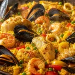 Paella de frutos do mar com arroz dourado, camarões, mexilhões, lula, peixe, frango e pimentões coloridos