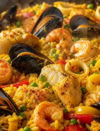 Paella de frutos do mar com arroz dourado, camarões, mexilhões, lula, peixe, frango e pimentões coloridos