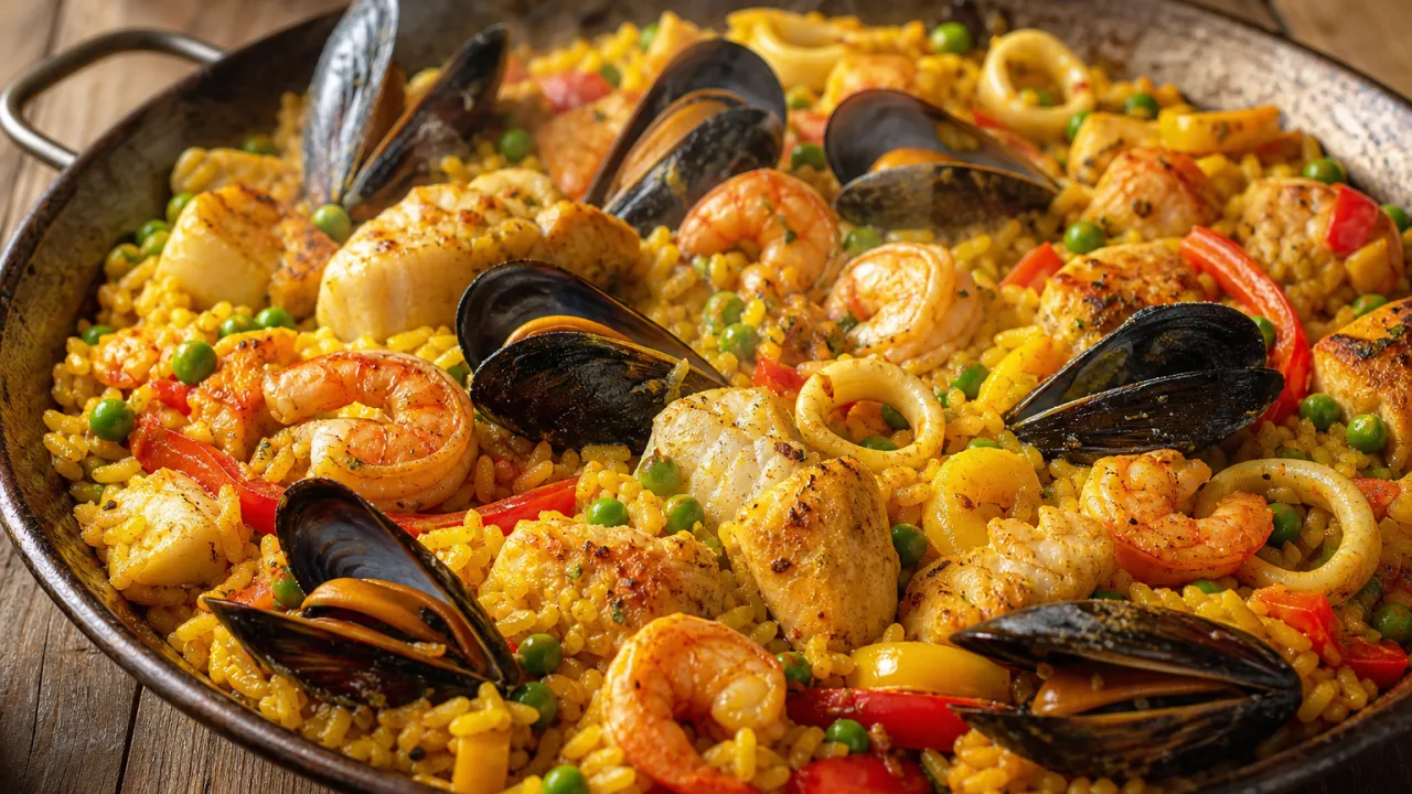 Paella de frutos do mar com arroz dourado, camarões, mexilhões, lula, peixe, frango e pimentões coloridos