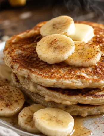 Panqueca de aveia com banana dourada, com rodelas de banana e canela sobre mesa rústica