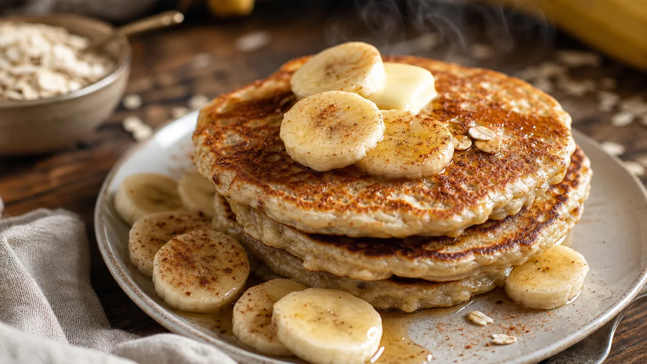 Panqueca de aveia com banana dourada, com rodelas de banana e canela sobre mesa rústica