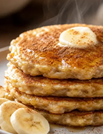 Panqueca de aveia com banana fofinha, dourada e com canela, servida sobre mesa rústica