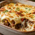 Panqueca de carne gratinada com molho branco cremoso e queijo derretido em travessa rústica