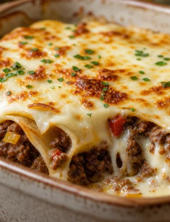 Panqueca de carne gratinada com molho branco cremoso e queijo derretido em travessa rústica