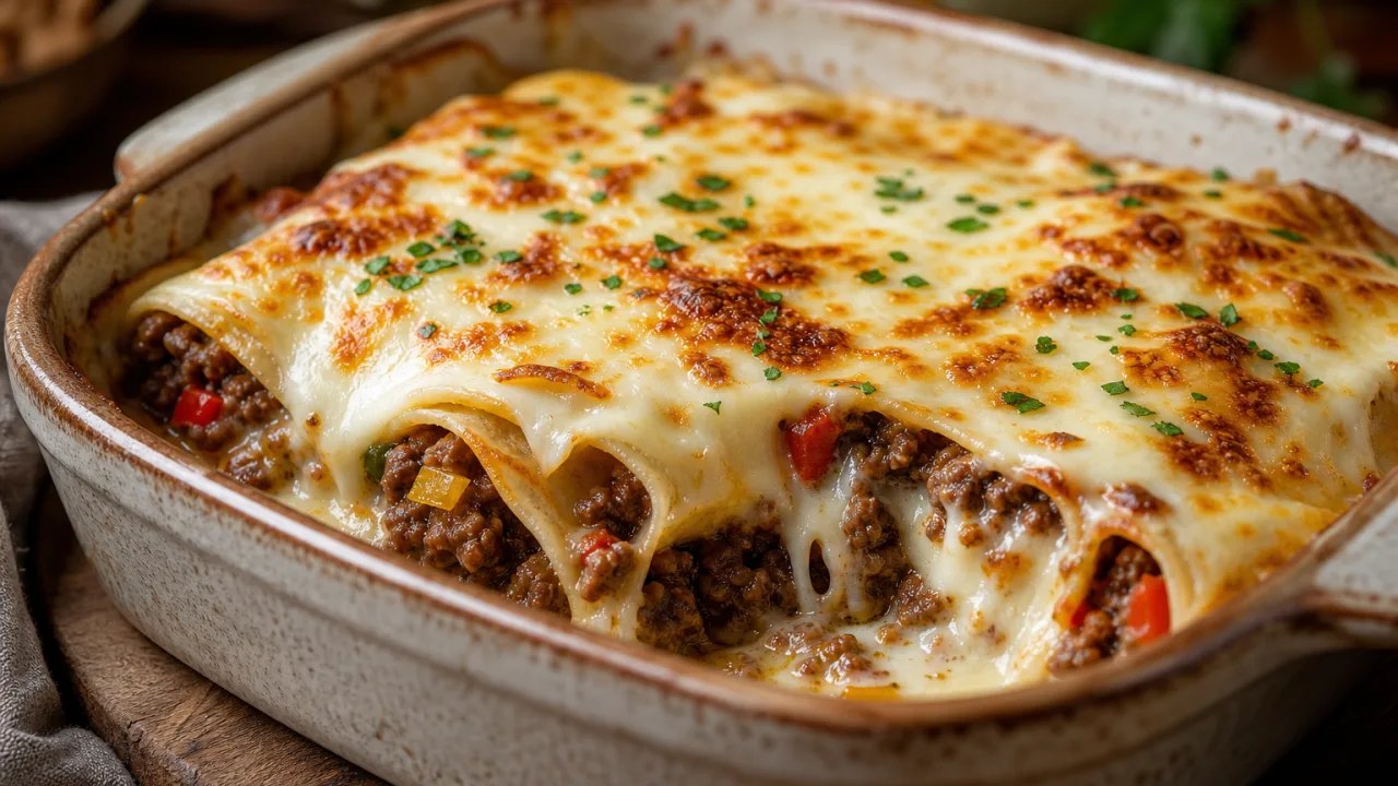 Panqueca de carne gratinada com molho branco cremoso e queijo derretido em travessa rústica