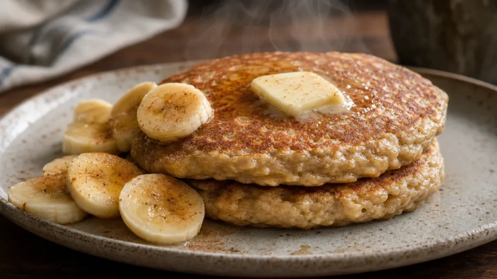 Panqueca de aveia com banana fofinha, dourada e com canela, servida com rodelas de banana em prato rústico