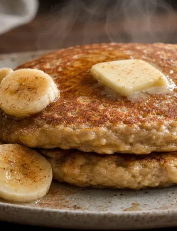 Panqueca de aveia com banana fofinha, dourada e com canela, servida com rodelas de banana em prato rústico
