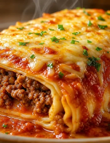 Panqueca de carne moída super recheada com molho de tomate e queijo derretido em travessa rústica
