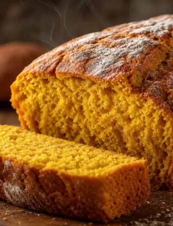 Pão de batata doce fofinho, dourado e com textura macia sobre mesa rústica