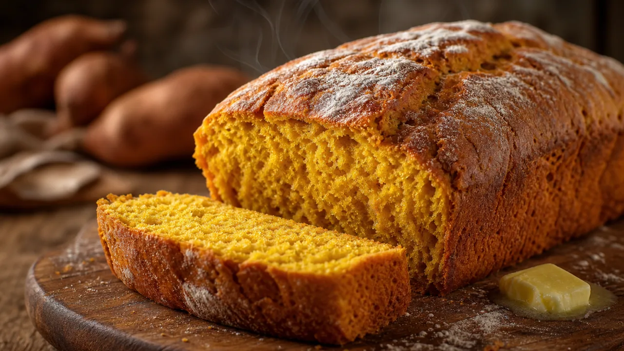 Pão de batata doce fofinho, dourado e com textura macia sobre mesa rústica