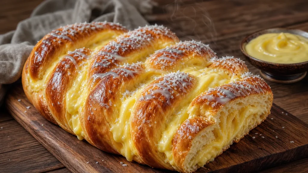 Pão com creme de confeiteiro caseiro trançado, dourado e coberto com coco ralado sobre mesa rústica