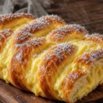 Pão com creme de confeiteiro caseiro trançado, dourado e coberto com coco ralado sobre mesa rústica