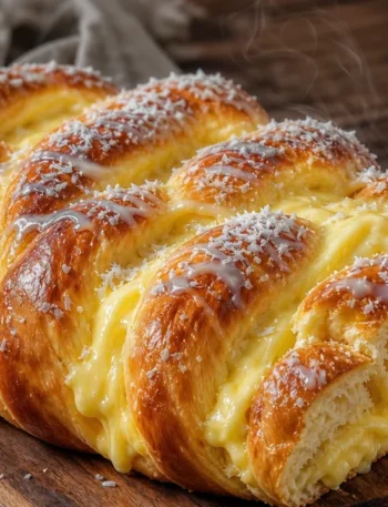 Pão com creme de confeiteiro caseiro trançado, dourado e coberto com coco ralado sobre mesa rústica