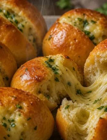 Pão de alho com queijo fofinho, dourado por fora e com queijo derretendo, sobre mesa rústica