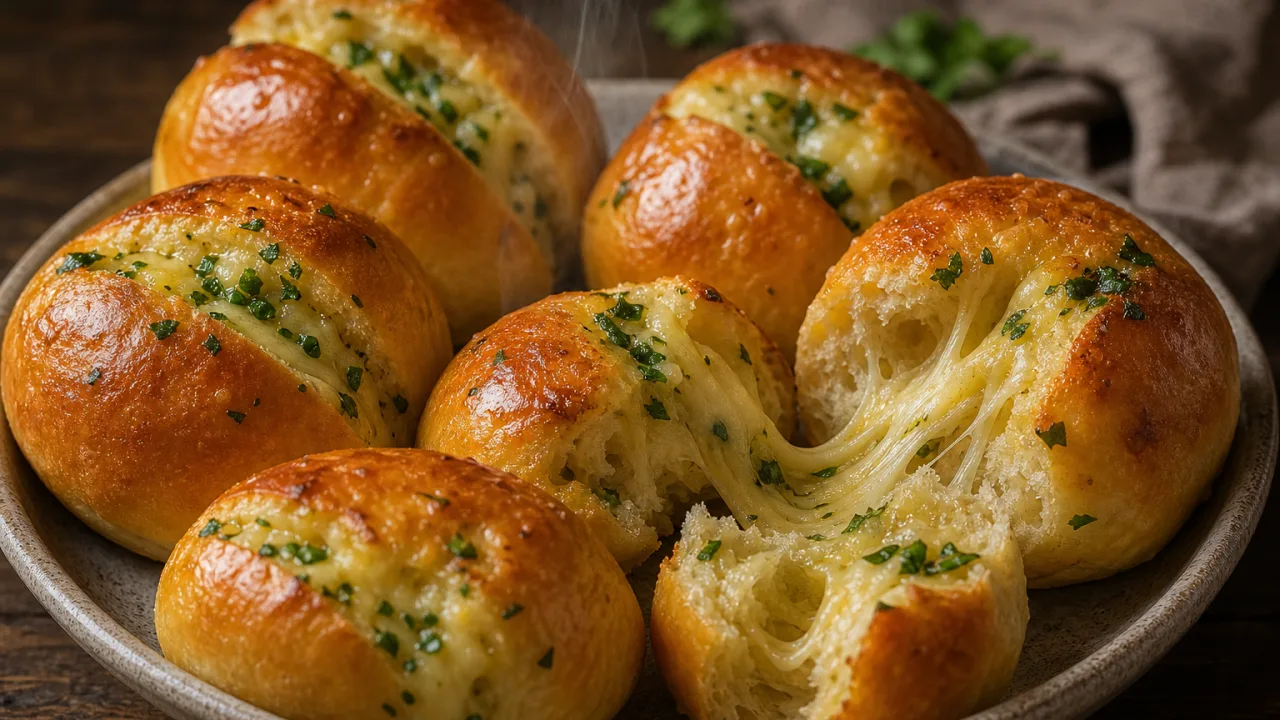 Pão de alho com queijo fofinho, dourado por fora e com queijo derretendo, sobre mesa rústica