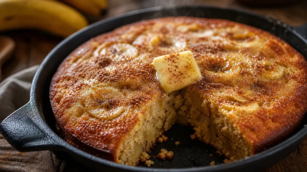 Pão de frigideira com banana douradinho, fofo e polvilhado com açúcar e canela em mesa rústica