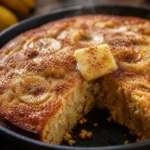Pão de frigideira com banana douradinho, fofo e polvilhado com açúcar e canela em mesa rústica